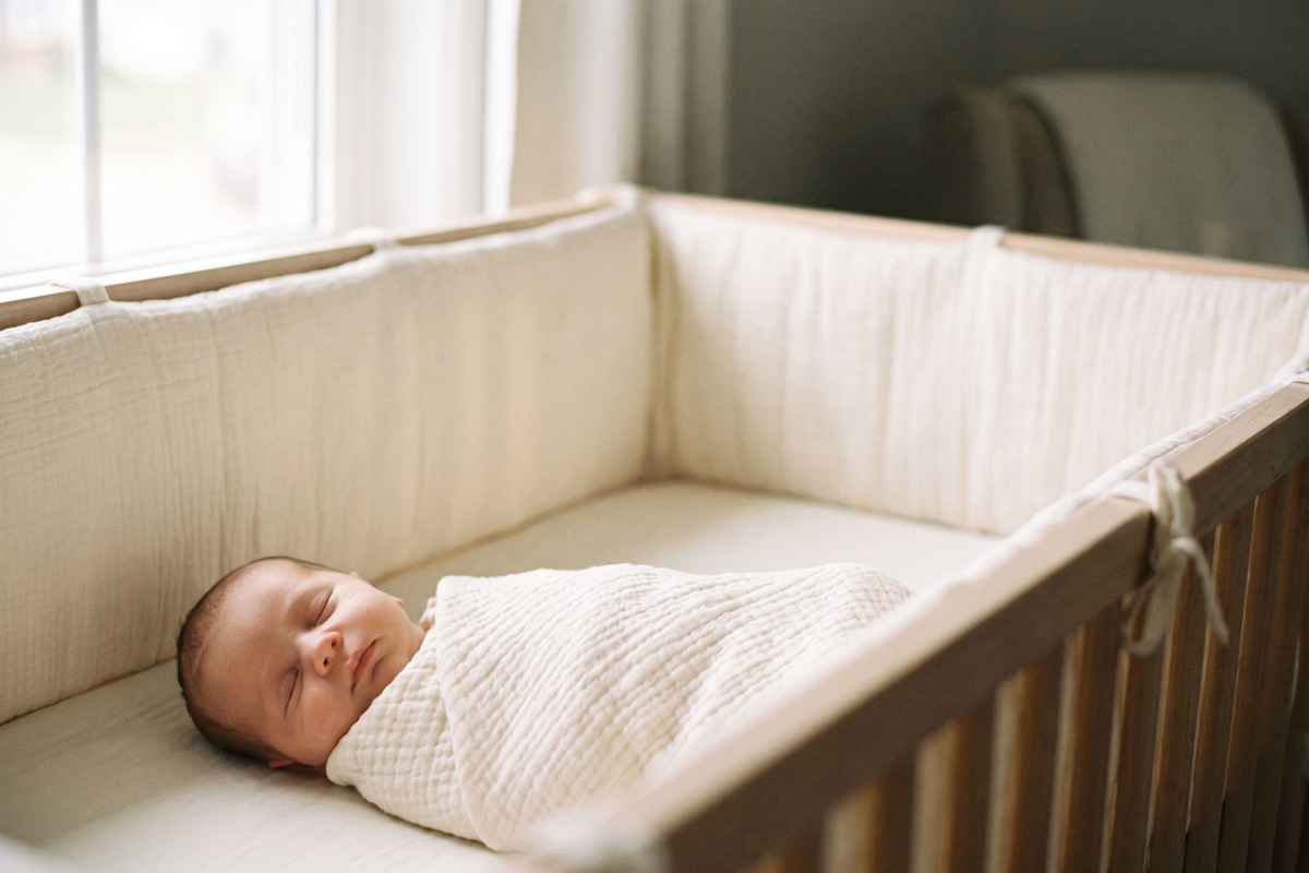 Bébé endormi dans un berceau équipé d'un tour de lit en coton clair