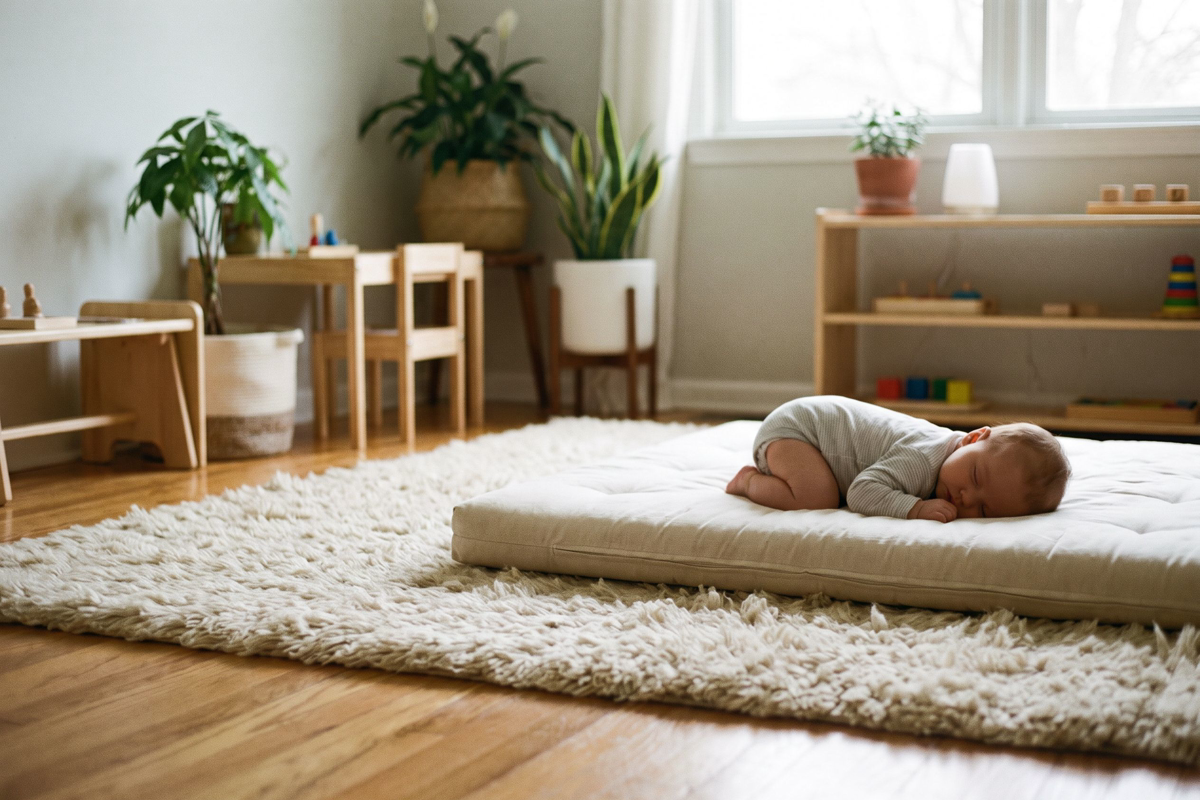 Bébé endormi sur un matelas au sol entouré d'un tapis épais