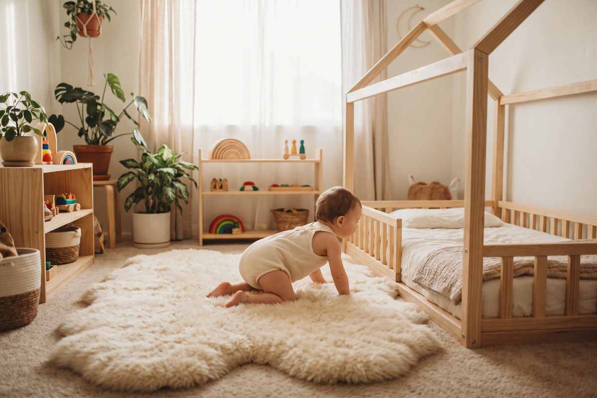 Bébé explorant un lit cabane bas entouré d'un tapis épais