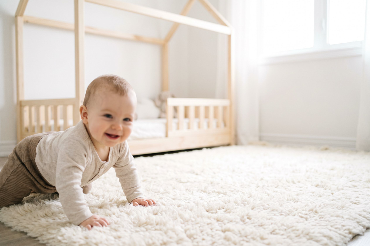 Bébé qui rampe près d'un lit cabane bas en bois clair