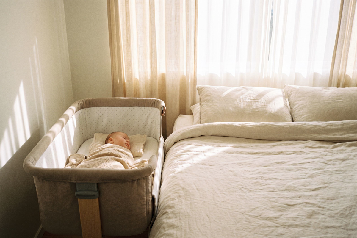 Berceau cododo accolé à un lit d'adulte dans une chambre parentale