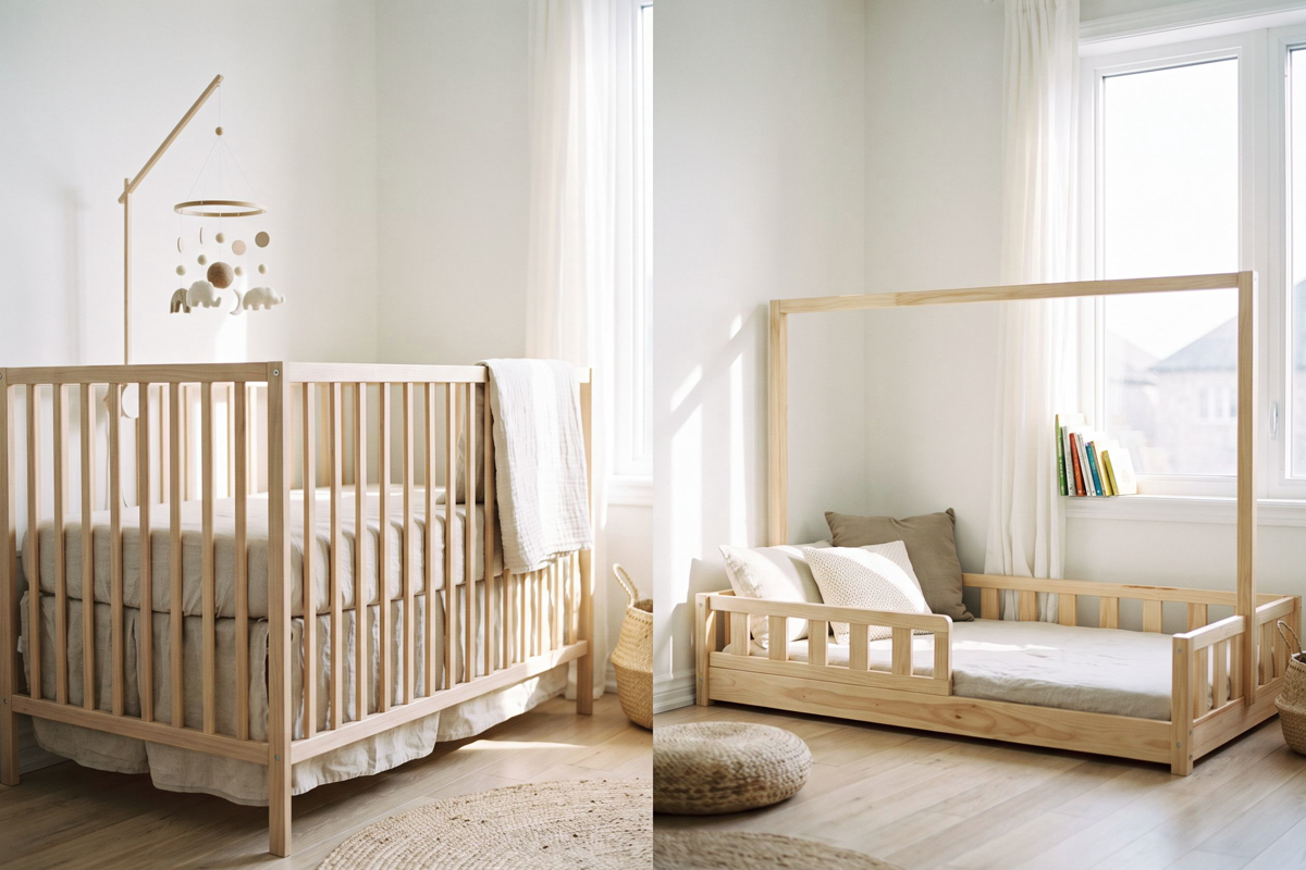 Chambre de bébé avec un berceau à barreaux et un lit cabane Montessori