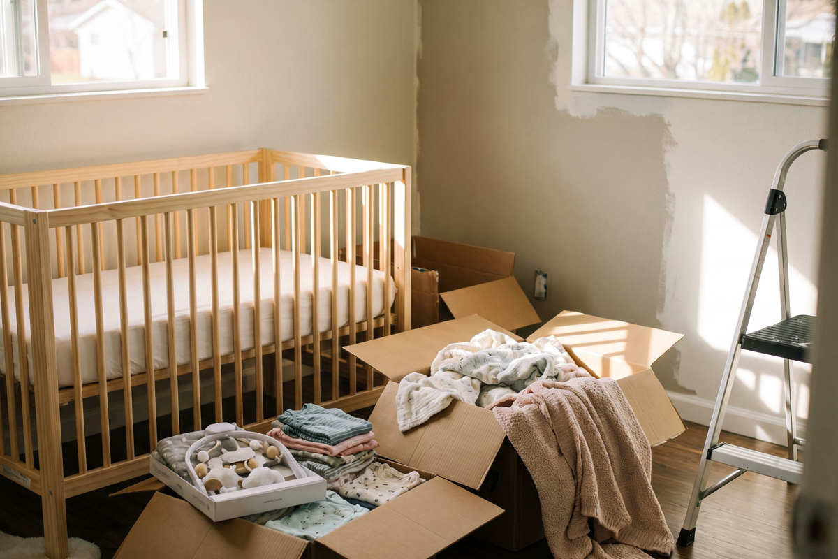 Chambre de bébé en préparation avec un lit à barreaux neuf