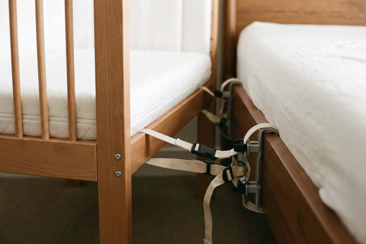 Côté ouvert d'un berceau cododo accolé à un lit d'adulte
