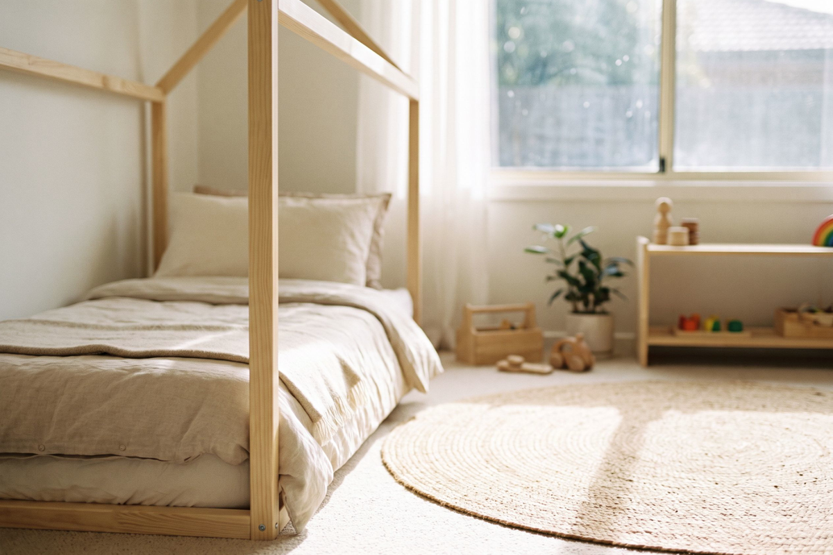 Lit cabane en bois clair posé au sol dans une chambre de bébé épurée