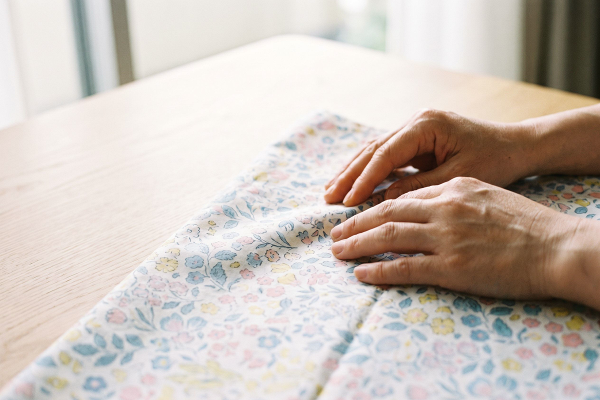 Mains d'adulte touchant un tissu de coton bio à motifs pastel