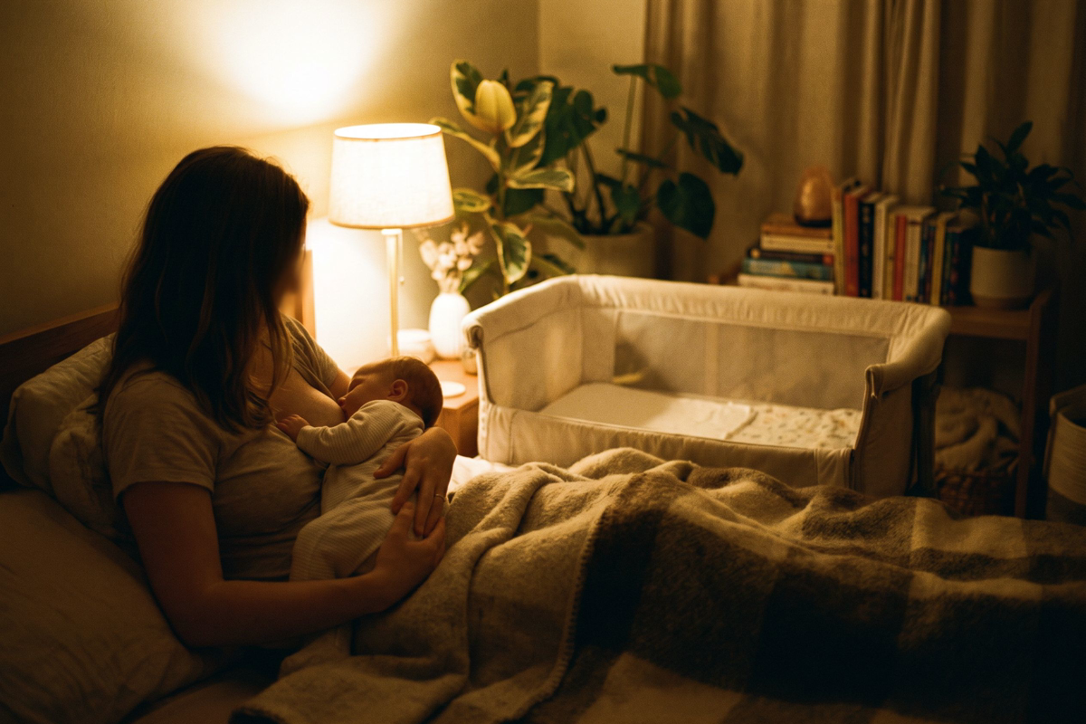 Mère allaitant son bébé la nuit près d'un berceau cododo