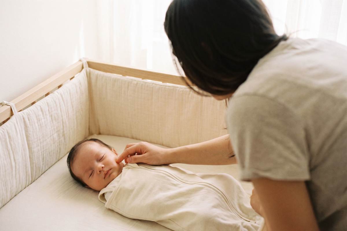 Parent observant délicatement la joue de son bébé endormi dans un berceau