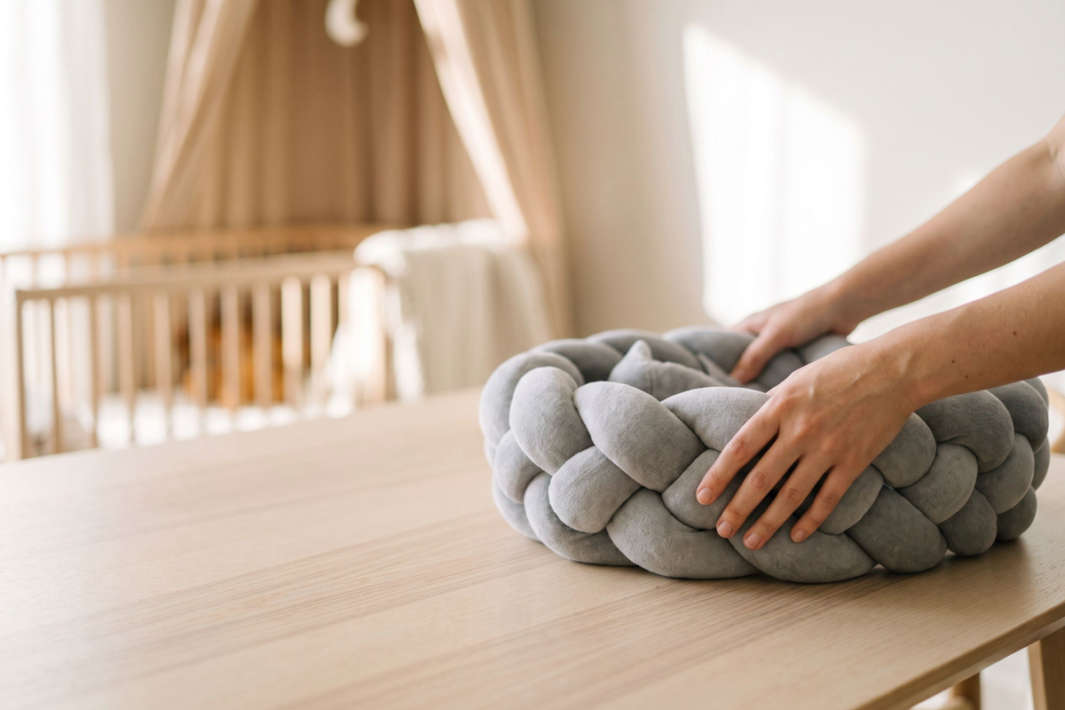Mains remettant en forme un boudin de lit tressé gris